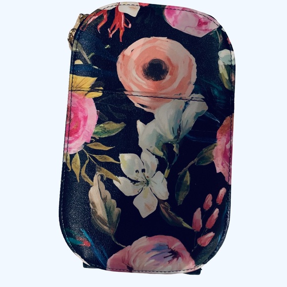 MONARQUE PINK FLORAL ON BLACK CROSSBODY BAG PURSE WALLET WATERCOLOR FLORAL PURSE - Picture 12 of 13